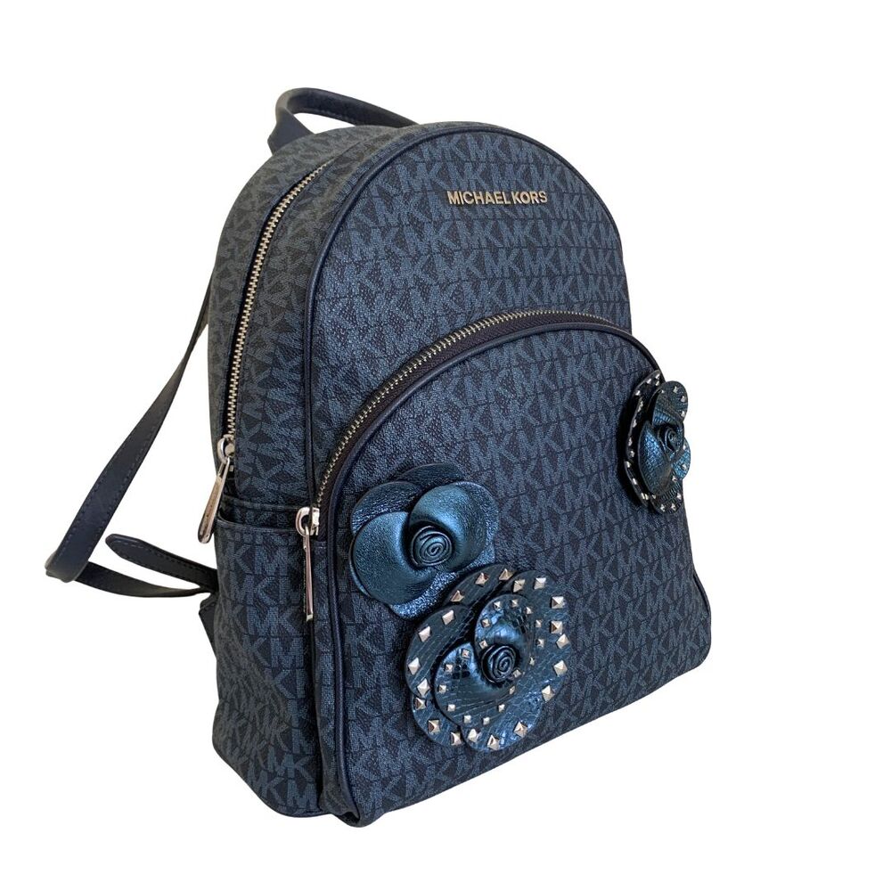 Michael Kors Abbey MK Logo Floral Appliqué Backpack Navy Blue Studded Leather Me - Picture 10 of 11
